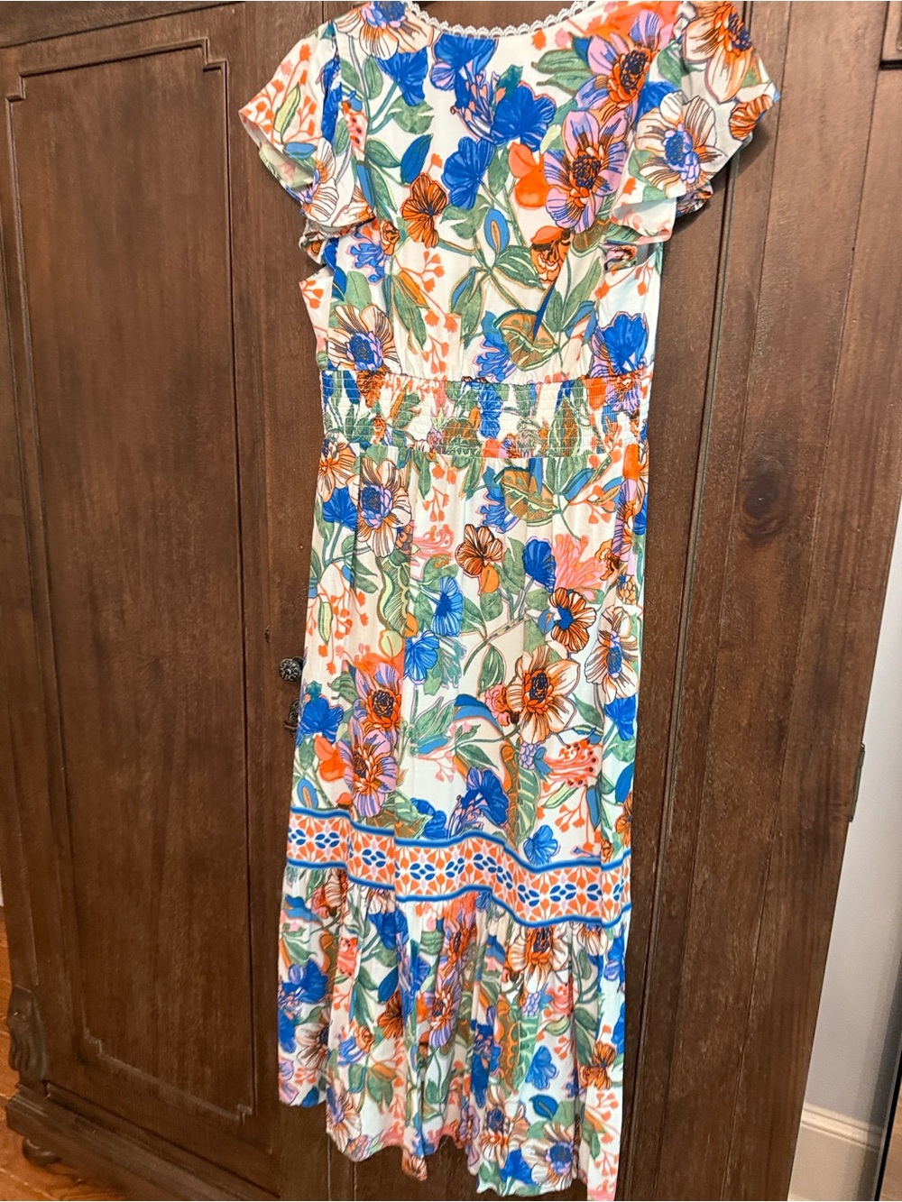 Adrianna Papell Cream Maxi Dress with Blue & Orange Floral Print